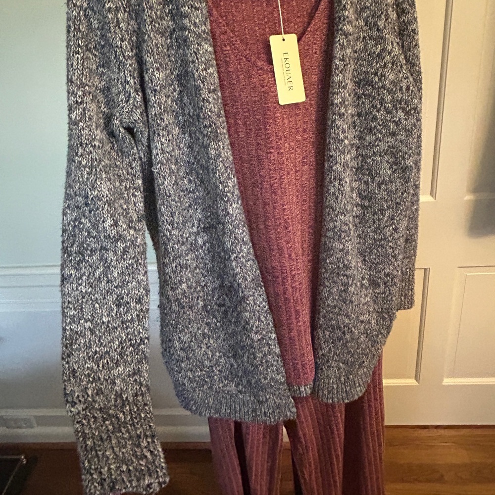 LOFT Gray Open-Front Cardigan Sweater Marled Gray Burgundy White Size Small - Picture 9 of 13